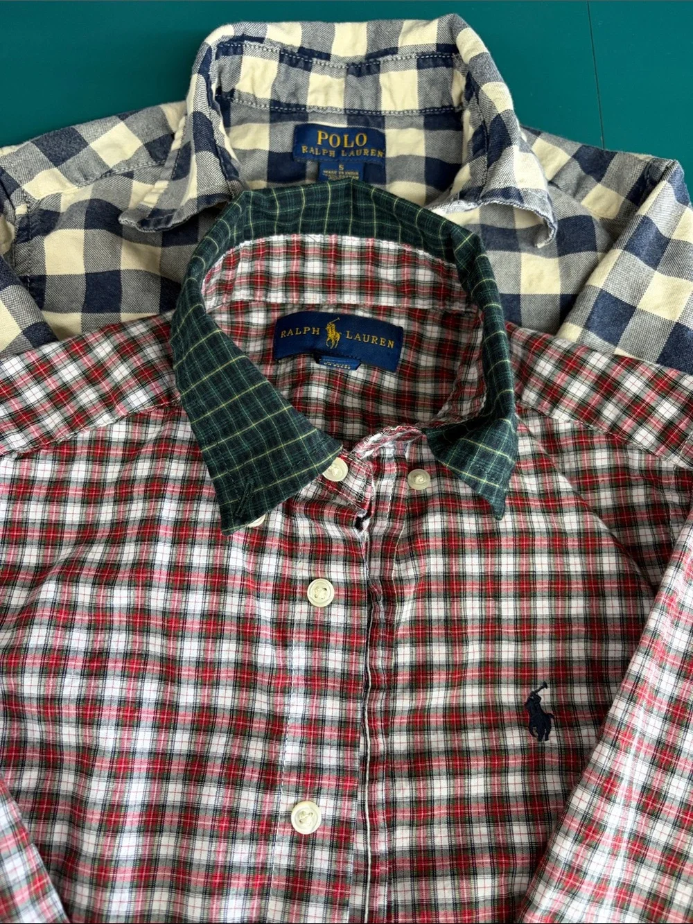 Ralph Lauren Red & White Plaid Button-Down with Green Contrast Collar